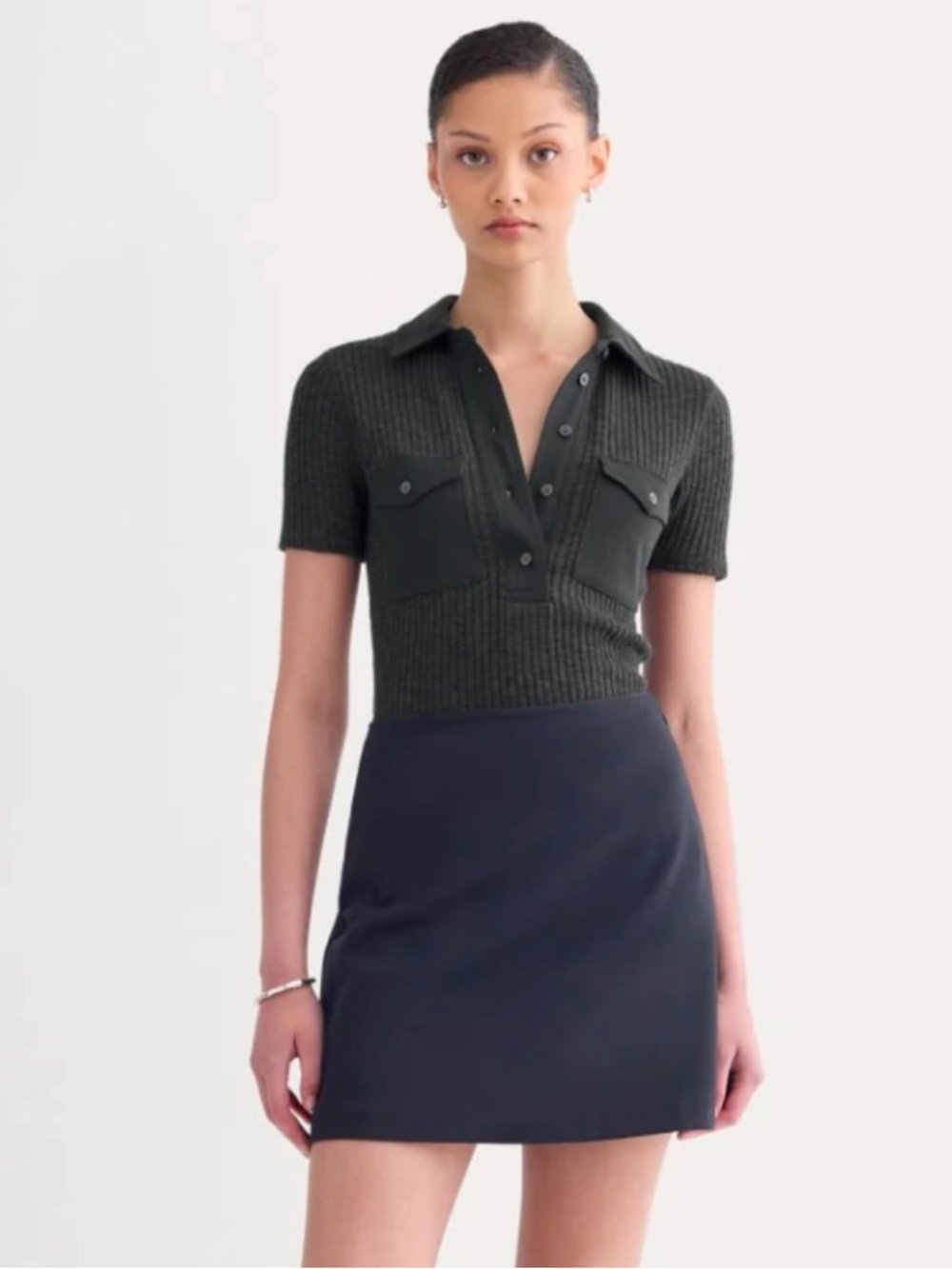 EVERLANE “The Cozy Rib Polo” Knit Cotton Top in Charcoal Brand New